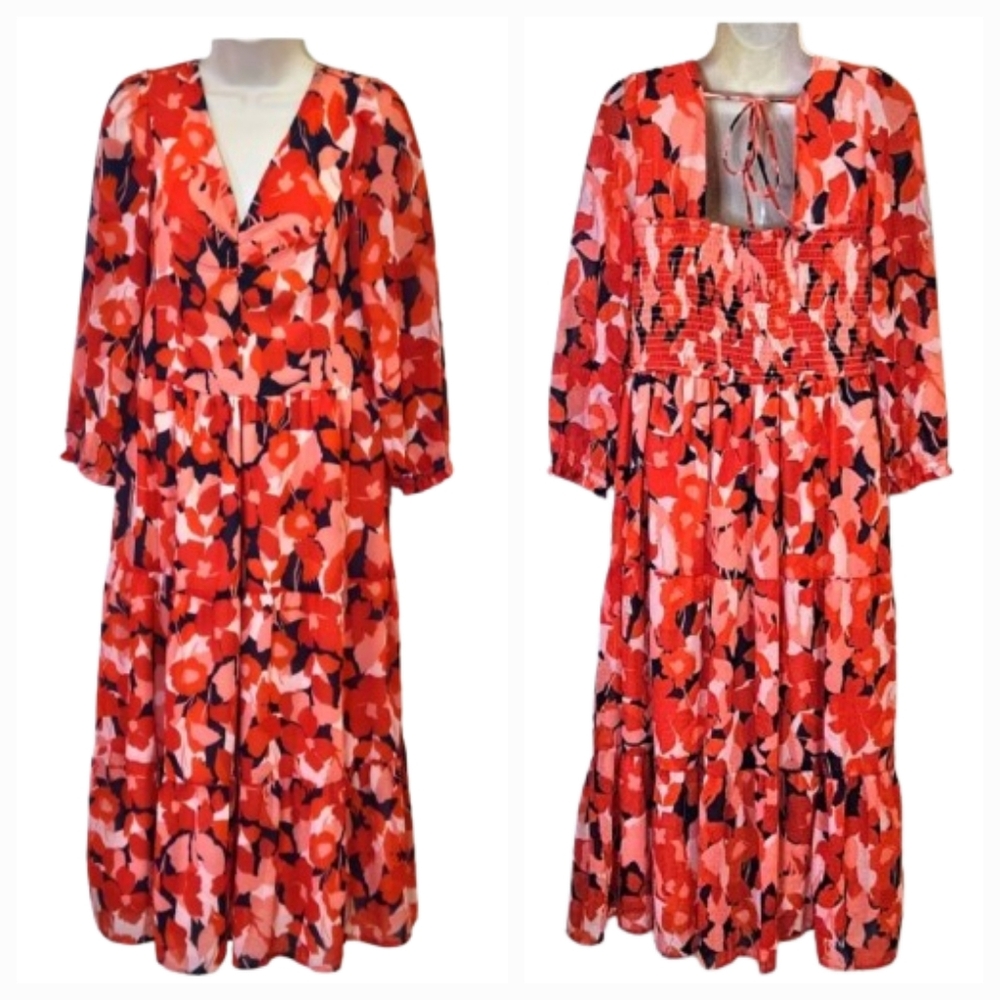 Sincerely Jules Orange/Blue Multi-Color Abstract Floral Print Midi Dress,Large